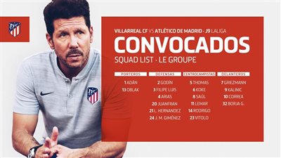 دييجو سيميوني يعلن قائمة أتليتكو مدريد للقاء فياريال