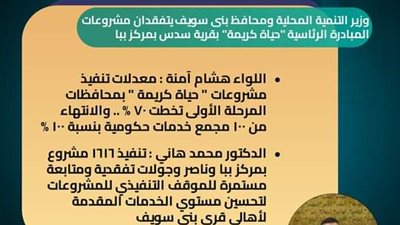 وزير التنمية المحلية يتفقد مشروعات حياة كريمة في بني سويف