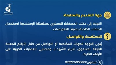 محافظة الإسكندرية تعلن عن استمرار صرف التعويضات لأسر الشهداء ومصابي العمليات الحربية