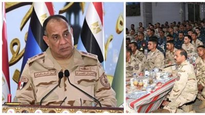 وزير الدفاع والإنتاج الحربي يلتقى مقاتلى الجيش الثالث الميدانى ويشاركهم تناول الإفطار