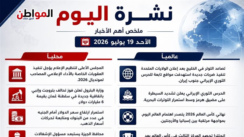 نشرة اليوم.. أبرز أخبار الأحد 19 يوليو 2026 محليًا وعالميًا